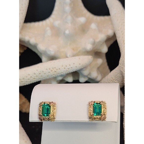 VINTAGE ESTATE 14K GOLD HELENITE EARRINGS SIGNED BLACK HILLS OBSIDIANITE - Picture 3 of 4